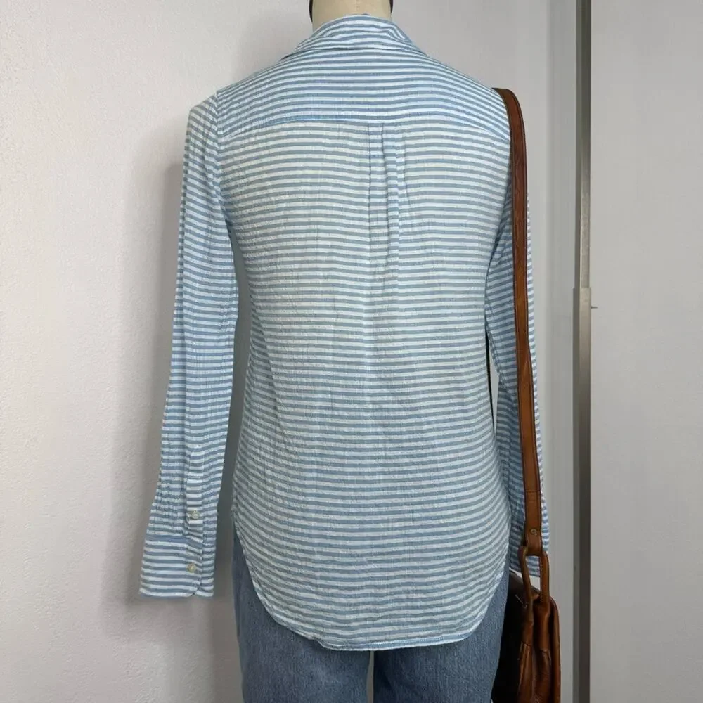 J.Crew Coastal Striped Cotton Popover – Blue White Seersucker Preppy Shirt XXS